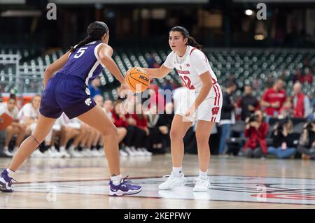 Milwaukee, WI, USA. 11th Nov, 2022. Wisconsin Badgers guard Avery LaBarbera #12 dribbles the ball as Kansas State Wildcats guard Brylee Glenn #5 defends during NCAA basketball game between the Kansas State Wildcats and the Wisconsin Badgers at American Family Field in Milwaukee, WI. Kansas State defeated Wisconsin 77-63.Kirsten Schmitt/CSM/Alamy Live News Stock Photo