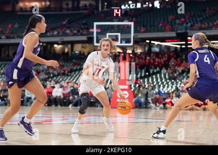 Milwaukee, WI, USA. 11th Nov, 2022. Wisconsin Badgers guard Matyson Wilke #11 looks to pass the ball around Kansas State Wildcats guard Brylee Glenn #5 and Kansas State Wildcats guard Serena Sundell #4 during NCAA basketball game between the Kansas State Wildcats and the Wisconsin Badgers at American Family Field in Milwaukee, WI. Kansas State defeated Wisconsin 77-63.Kirsten Schmitt/CSM/Alamy Live News Stock Photo