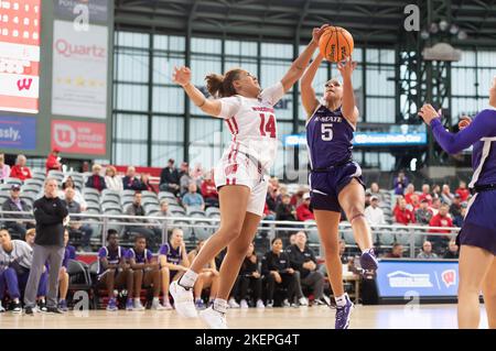 Milwaukee, WI, USA. 11th Nov, 2022. Wisconsin Badgers guard Krystyna Ellew #14 and Kansas State Wildcats guard Brylee Glenn #5 fight for a rebound during NCAA basketball game between the Kansas State Wildcats and the Wisconsin Badgers at American Family Field in Milwaukee, WI. Kansas State defeated Wisconsin 77-63.Kirsten Schmitt/CSM/Alamy Live News Stock Photo