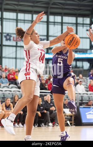 Milwaukee, WI, USA. 11th Nov, 2022. Wisconsin Badgers guard Krystyna Ellew #14 and Kansas State Wildcats guard Brylee Glenn #5 fight for a rebound during NCAA basketball game between the Kansas State Wildcats and the Wisconsin Badgers at American Family Field in Milwaukee, WI. Kansas State defeated Wisconsin 77-63.Kirsten Schmitt/CSM/Alamy Live News Stock Photo