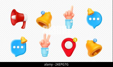 3d render notification and reminders social media icons. Bell, message bubble, map pin, loudspeaker and hand gesture isolated elements. News, sms, notice Vector illustration in cartoon plastic style Stock Vector