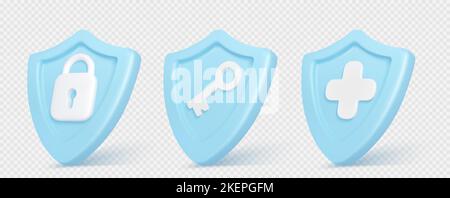 Icons of 3d shields with signs of plus, padlock and key. Concept of business protect, defense, privacy guard, medical insurance. Safety badges, vector set isolated on transparent background Stock Vector