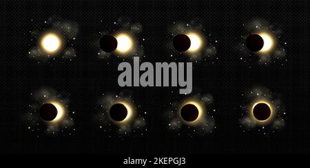 Solar or lunar eclipse with stars, different phases of moon and sun ecliptic effect in space. Shining circle with black shadow of planet disappear and appear motion, Realistic 3d vector illustration Stock Vector