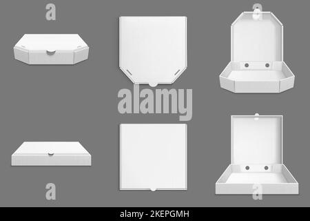 Empty cardboard pizza boxes with open and closed cover in front and top view. Package template, white carton square container for food delivery from pizzeria, vector 3d realistic mockup Stock Vector