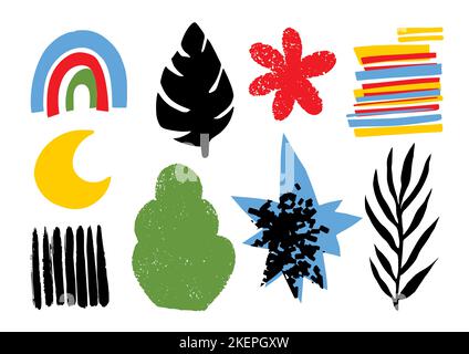 Drawn floral leaves and rainbow, crescent moon Stock Vector