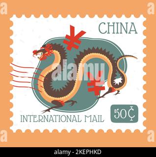 Chinese international mail, postmark with dragon Stock Vector