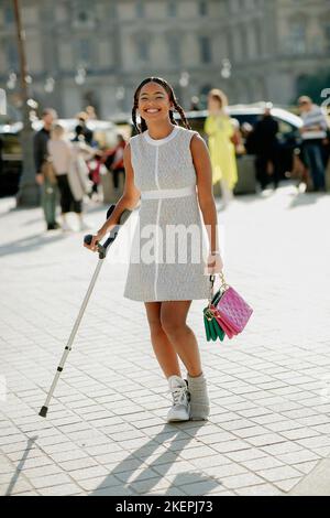 Street style, Paola Locatelli arriving at Louis Vuitton Spring Summer 2023 show, held at Musee du Louvre, Paris, France, on October 4, 2022. Photo by Marie-Paola Bertrand-Hillion/ABACAPRESS.COM Stock Photo