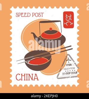 Speed post, China culture, tea ceremony postmark Stock Vector