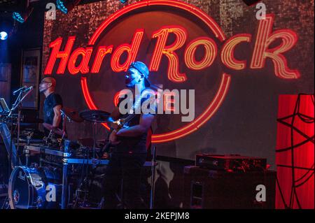 The Filipino band, Band@Work, plays a Halloween show at The Hard Rock Cafe, Phnom Penh, Cambodia. © Kraig Lieb Stock Photo