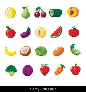 Pixelated fruits and vegetables, veggies vector Stock Vector