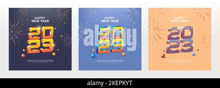 2023 new year celebration square banner template, with 3d gold lettering and colorful fireworks Stock Vector