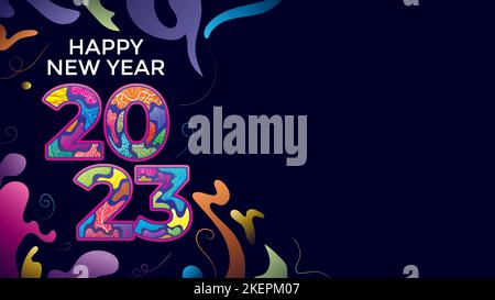 2023 doodle art background with copy space. Trendy happy new year banner with colorful fluid paint Stock Vector