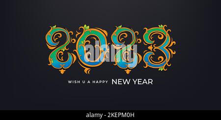 New year 2023 typography and hand lettering illustration with colorful floral ornament design Stock Vector