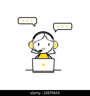 Woman with headphones and microphone with laptop. Operator with phone call or chat to assist customer. Call center, online customer support concept. V Stock Vector