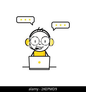 Man with headphones and microphone with laptop. Operator with phone call or chat to assist customer. Call center, online customer support concept. Vec Stock Vector