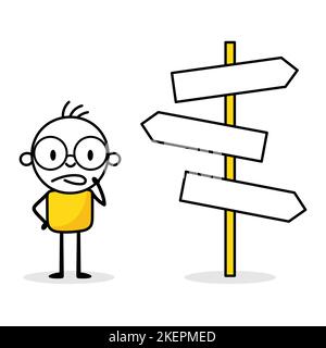 Man looking at multiple road sign and making decision where to go next. Business decision making, decide the right way to success or choosing options, Stock Vector
