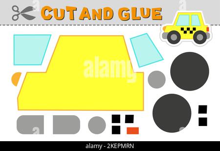 Cut and glue yellow taxi. Vector illustration of school bus. Paper game for children activity and education. Simple level Stock Vector