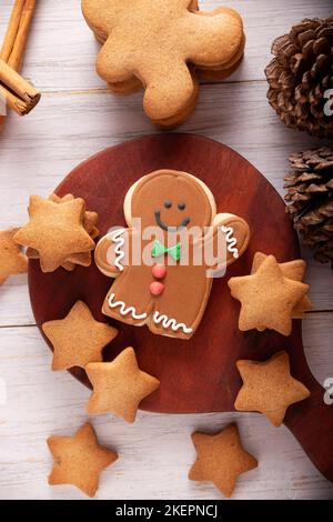 Christmas Homemade gingerbread man cookies, traditionally made at wintertime and the holidays. Stock Photo