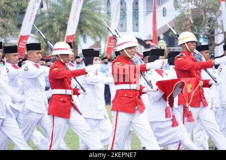 Indonesian flag raiser (paskibraka) in independence day ceremony Stock Photo