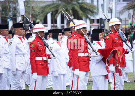 Indonesian flag raiser (paskibraka) in independence day ceremony Stock Photo