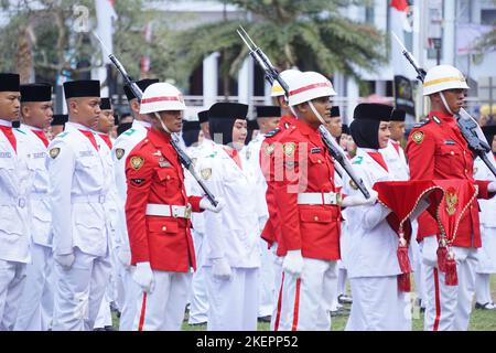 Indonesian flag raiser (paskibraka) in independence day ceremony Stock Photo