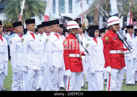 Indonesian flag raiser (paskibraka) in independence day ceremony Stock Photo