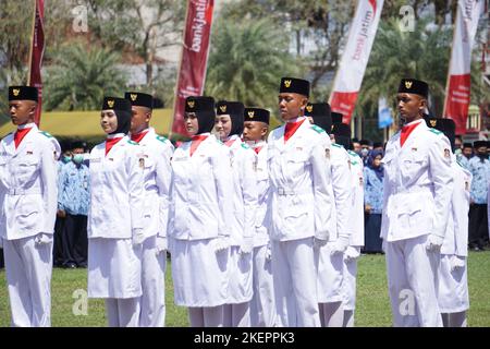 Indonesian flag raiser (paskibraka) in independence day ceremony Stock Photo