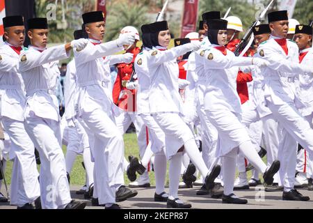 Indonesian flag raiser (paskibraka) in independence day ceremony Stock Photo