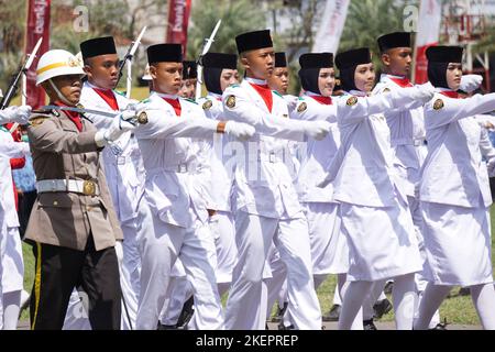 Indonesian flag raiser (paskibraka) in independence day ceremony Stock Photo