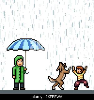 pixel art of kid enjoy rain Stock Vector