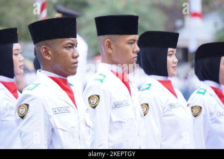 Indonesian flag raiser (paskibraka) in independence day ceremony Stock Photo