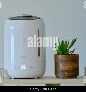 Humidifier Deerma in the home living room next to the houseplant - Moscow, Russia, October 29, 2022 Stock Photo