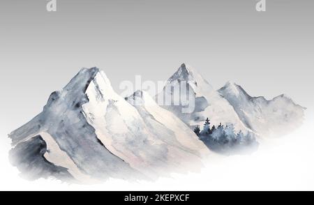 Watercolor illustration of picturesque snowy mountains isolated, minimalist landscape Stock Photo