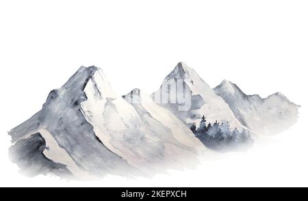 Watercolor illustration of picturesque snowy mountains isolated, minimalist landscape Stock Photo