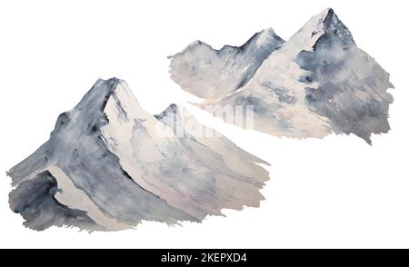 Watercolor illustration of picturesque snowy mountains isolated set Stock Photo