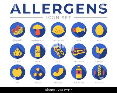 Blue Flat Allergens Icon Set. Peanuts, Mushroom, Shellfish, Fish, Egg, Garlic, Milk, Soy Red Meat, Celery, Fruit, Seed, Legume and Additives Gluten Al Stock Vector