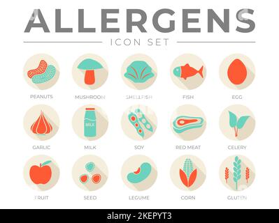 Retro Allergens Icon Set. Peanuts, Mushroom, Shellfish, Fish, Egg, Garlic, Milk, Soy Red Meat, Celery, Fruit, Seed, Legume and Corn Gluten Allergen Ic Stock Vector