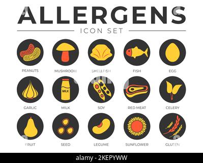 Black Colorful Allergens Icon Set. Peanuts, Mushroom, Shellfish, Fish, Egg, Garlic, Milk, Soy Meat, Celery, Fruit, Seed, Legume and Sunflower Gluten A Stock Vector