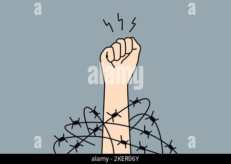 Close-up of hand in fist in wires thrive for independence and freedom. Raised hand with clenched fist fight for human rights. Vector illustration.  Stock Vector