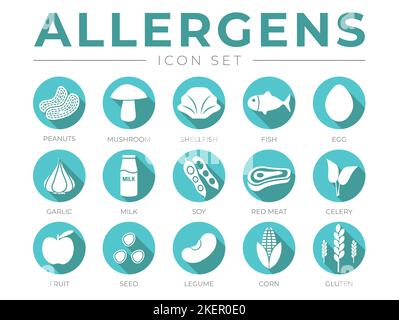 Teal Allergens Icon Set. Peanuts, Mushroom, Shellfish, Fish, Egg, Garlic, Milk, Soy Red Meat, Celery, Fruit, Seed, Legume and Corn Gluten Allergen Ico Stock Vector