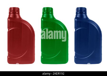 Three plastic oil canister isolated on white background. Storage Tank. Canister for gasoline, diesel and gas. Red, green and blue plastic canister for Stock Photo