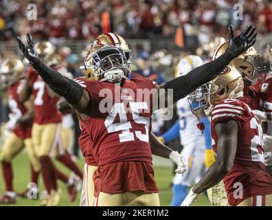 San Francisco 49ers linebacker Demetrius Flannigan-Fowles (45) against the  Los Angeles Rams in an NFL football game, Sunday, Oct. 30, 2022, in  Inglewood, Calif. The 49ers won 31-14. (AP Photo/Jeff Lewis Stock