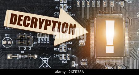 Internet and security concept. On the computer board, a microcircuit with an exclamation mark and an arrow with the inscription - Decryption Stock Photo