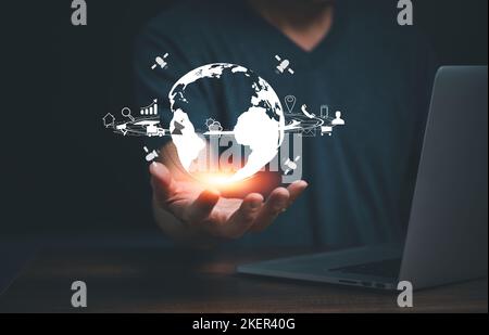 Man hand holding virtual digital Global internet link connection information and communication, Metaverse big data technology for application, busines Stock Photo