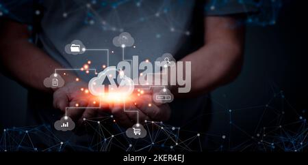 Cloud storage, Digital service data connection application network, transfers data to a server, hosting service. Web-based cloud concept. Business han Stock Photo