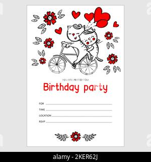 BOY INVITES BIRTHDAY Cat And Kitten Ride On Bicycle Holding Red Heart Balloons Cartoon Text Banner With Date And Time Cute Kids Hand Drawn Sketch Vect Stock Vector