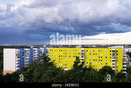Bad weather approaching over apartment buildings in Flemingsberg, Huddinge kommun, Stockholms län, Sweden. Stock Photo