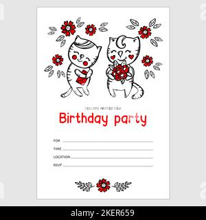 KITTEN INVITES BIRTHDAY Cat With Flowers And His Girlfriend Holding Red Congratulation Cartoon Text Banner With Date And Time Cute Kids Hand Drawn Ske Stock Vector