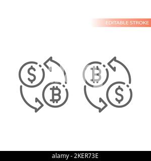Dollar to bitcoin money conversion line vector icon. Currency exchange, cryptocurrency outlined symbol. Stock Vector