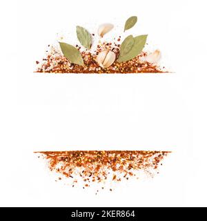 Frame of crushed red cayenne pepper, dried chili flakes, seeds, leaves and garlic isolated on a white background. Homemade spices ingredients for Stock Photo